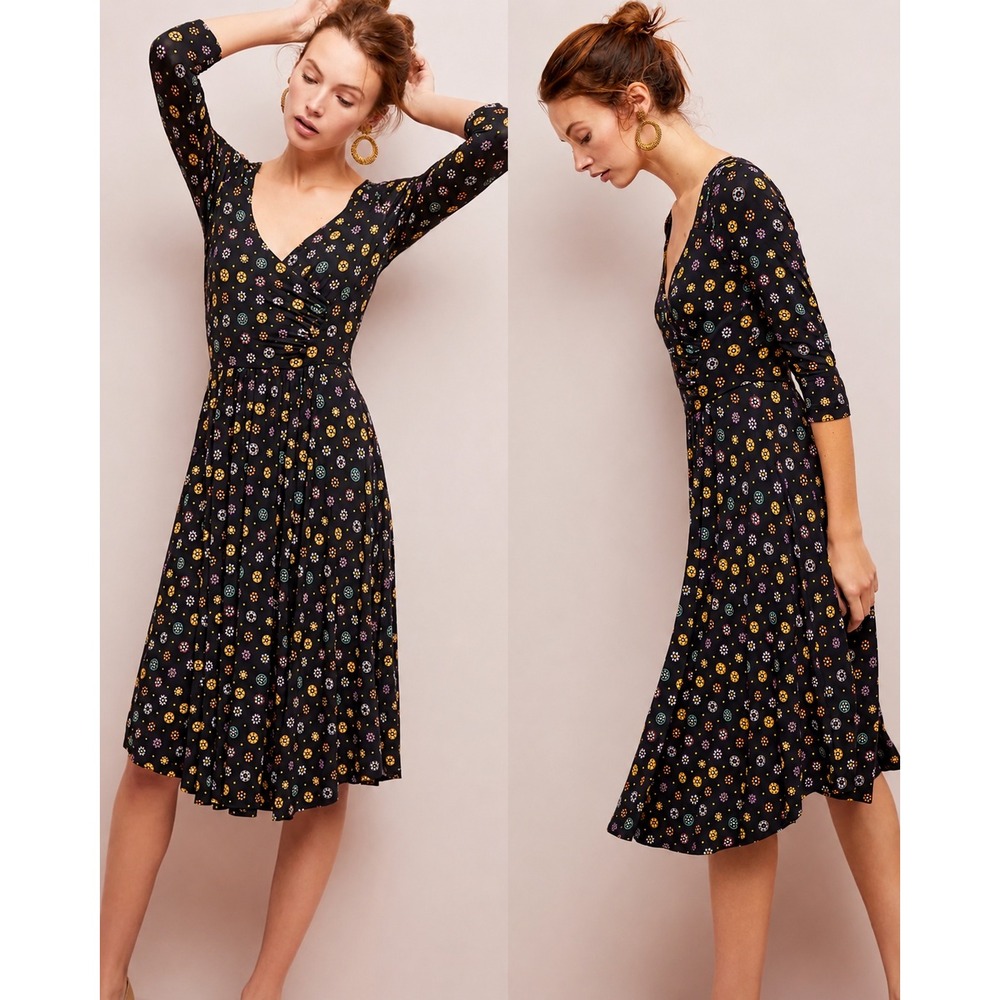 Anthropologie Maeve Dress Womens L Black Archival Floral Midi Whimsigoth Boho